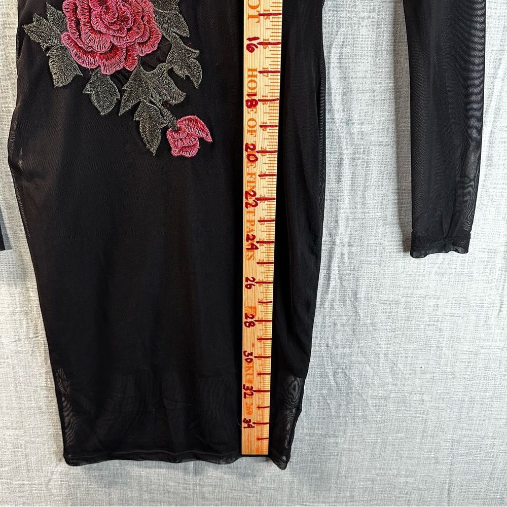 Love J Black Mesh Mini Dress Long Sleeve Pink Rose Embroidery Mock Neck Small - Picture 14 of 16